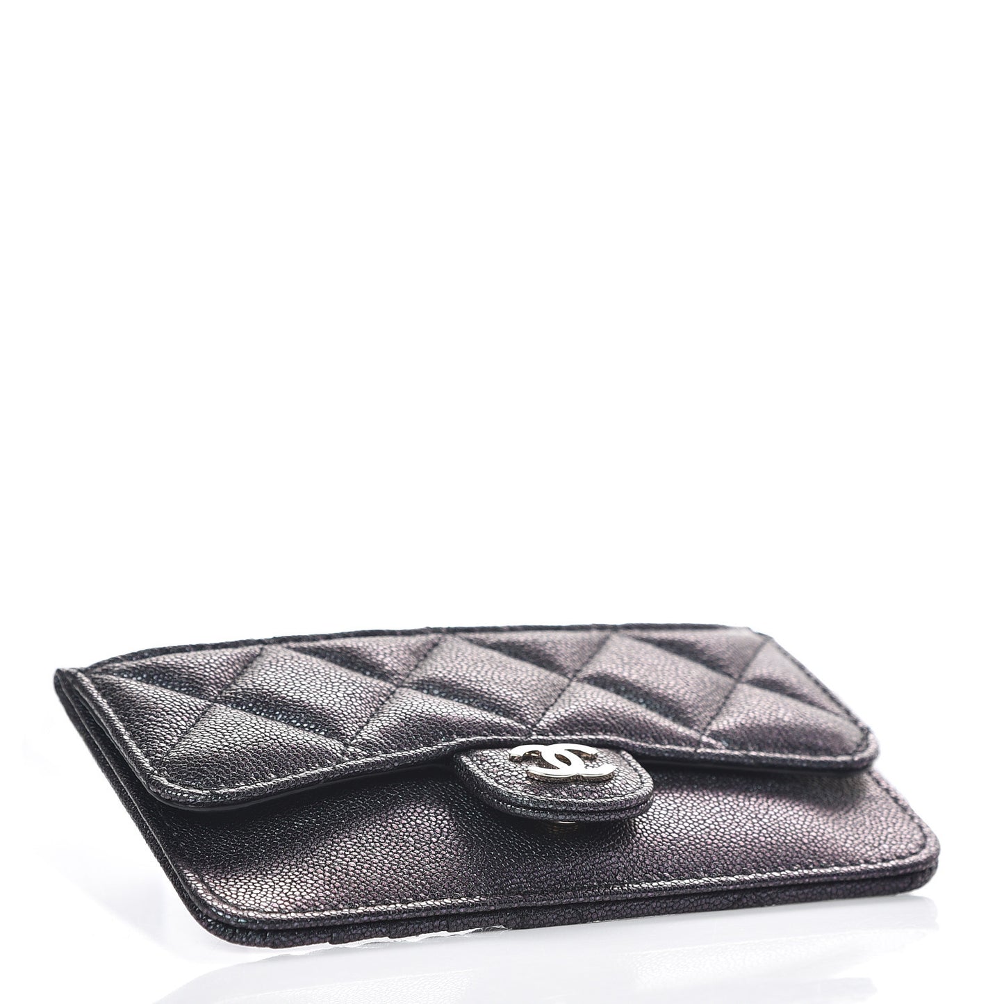 Iridescent Caviar Quilted Flap Zip Card Holder Black