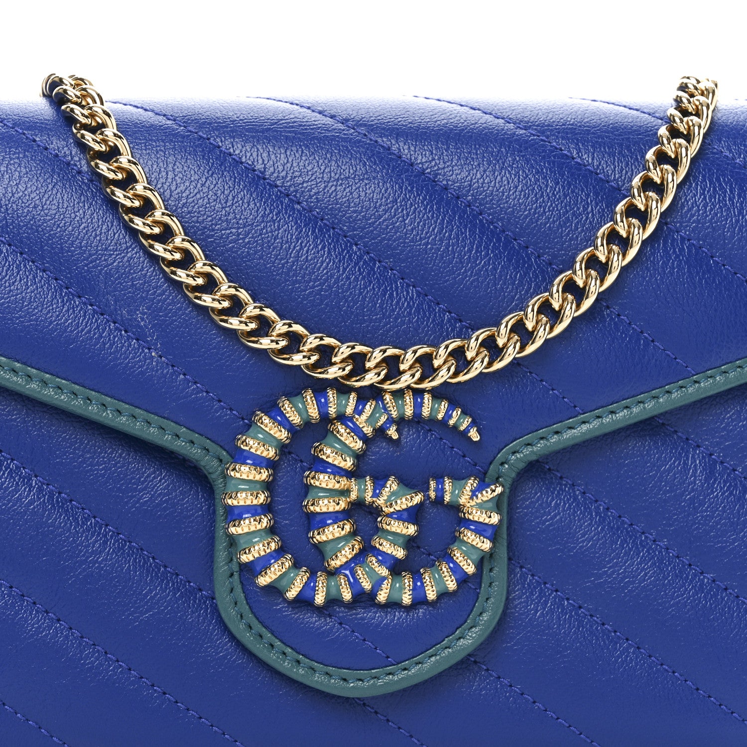 Gucci Azalea Calfskin Enamel Matelasse Diagonal Torchon GG Marmont Chain Wallet Imperial Blue Pavone 8 of 10