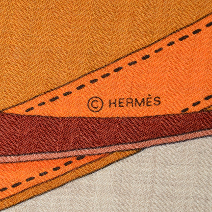 Hermes Cashmere Silk La Promenade Du Matin Shawl 140 Orange Naturel Ocre 6 of 7