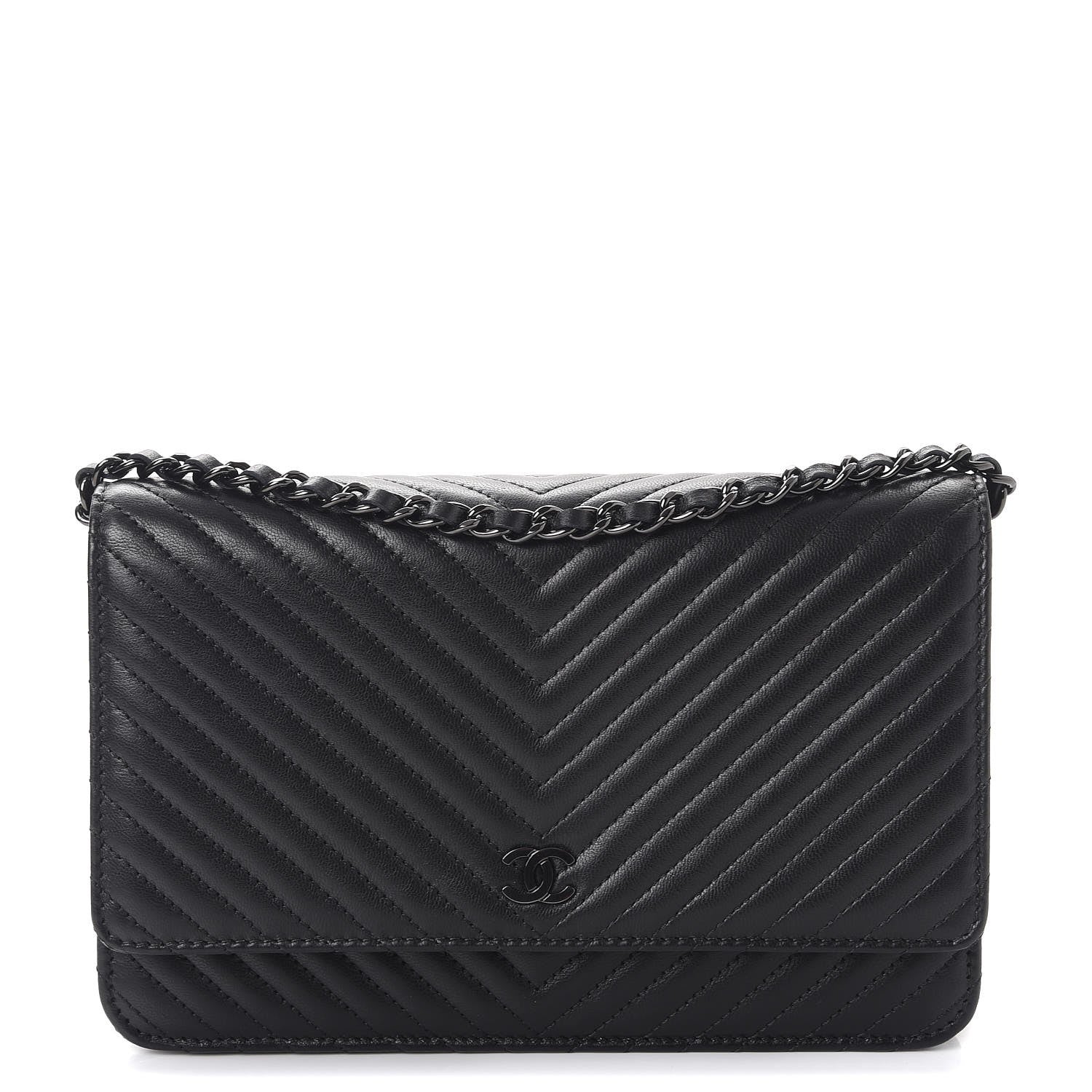Chanel Lambskin Chevron Quilted Wallet On Chain WOC So Black 1 of 9
