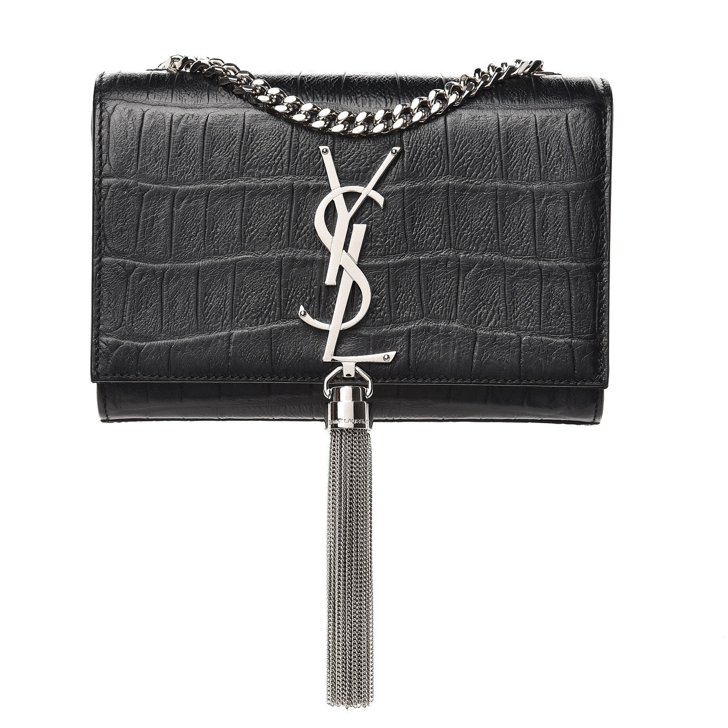 Saint Laurent Calfskin Crocodile Embossed Small Classic Monogram Kate Tassel Satchel Black 1 of 8