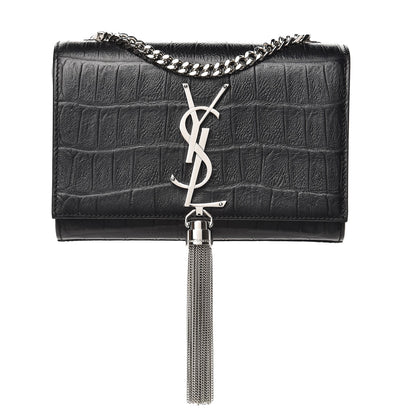 Saint Laurent Calfskin Crocodile Embossed Small Classic Monogram Kate Tassel Satchel Black 1 of 8