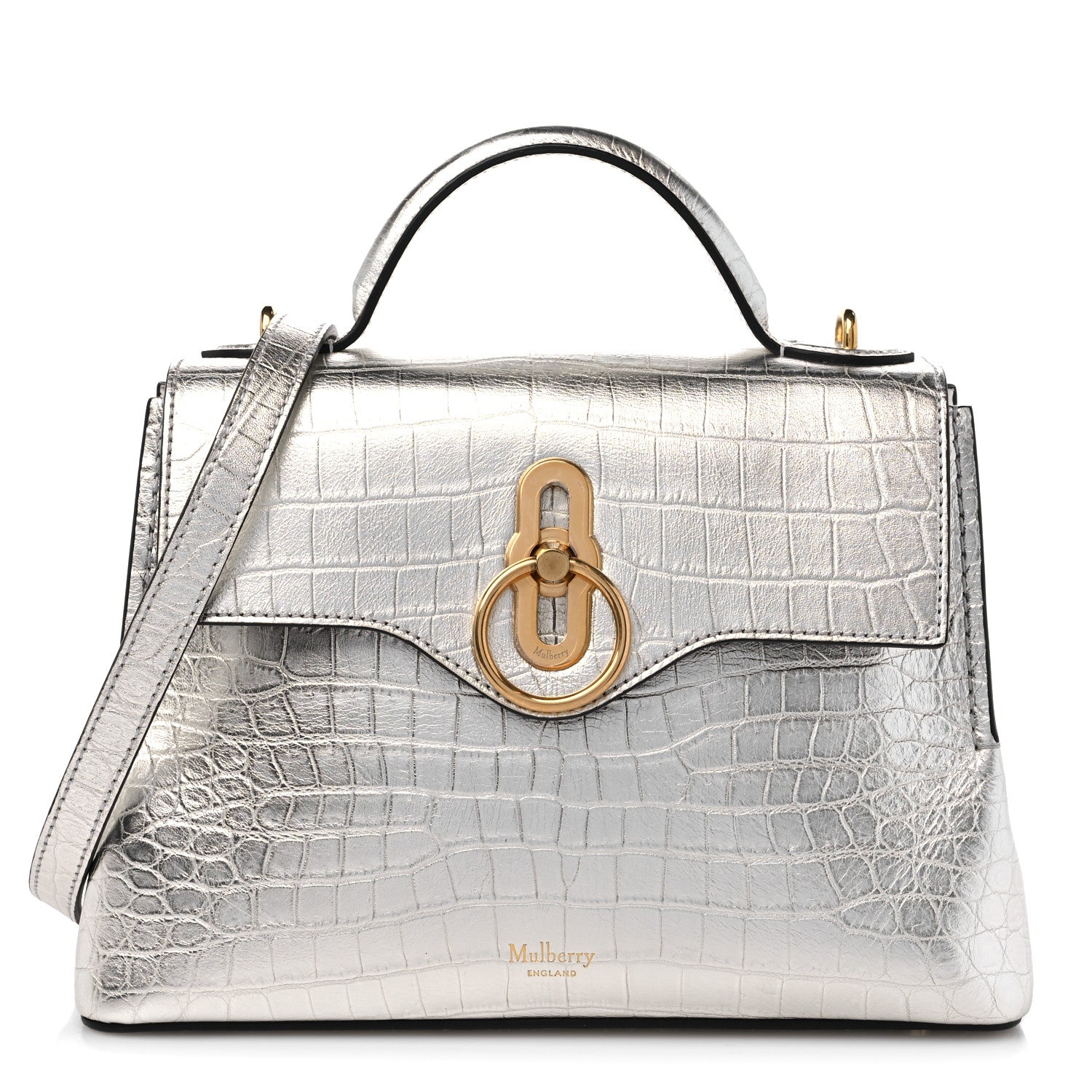 Mulberry Metallic Calfskin Crocodile Embossed Mini Seaton Silver 1 of 13