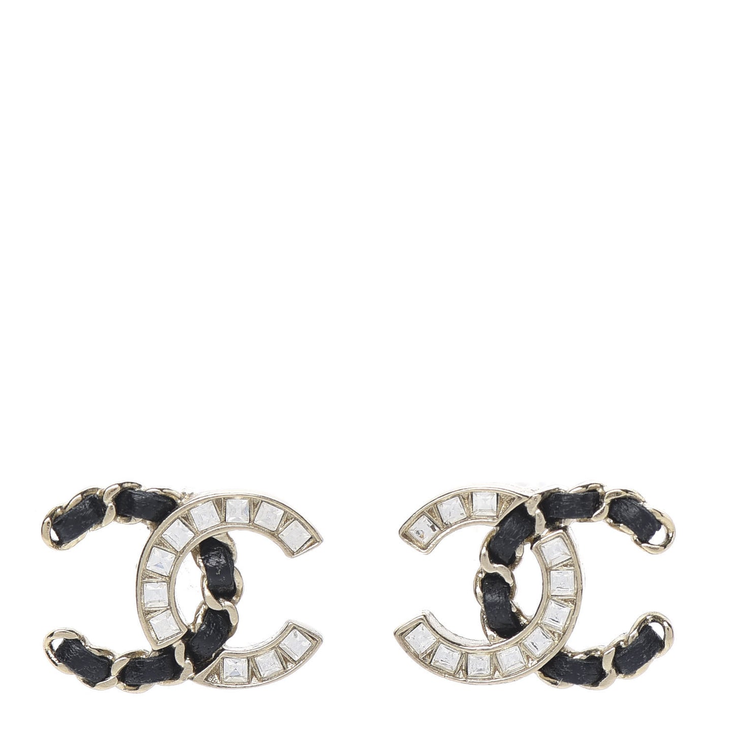Crystal Baguette Lambskin Chain CC Vintage Allure Stud Earrings Black Gold