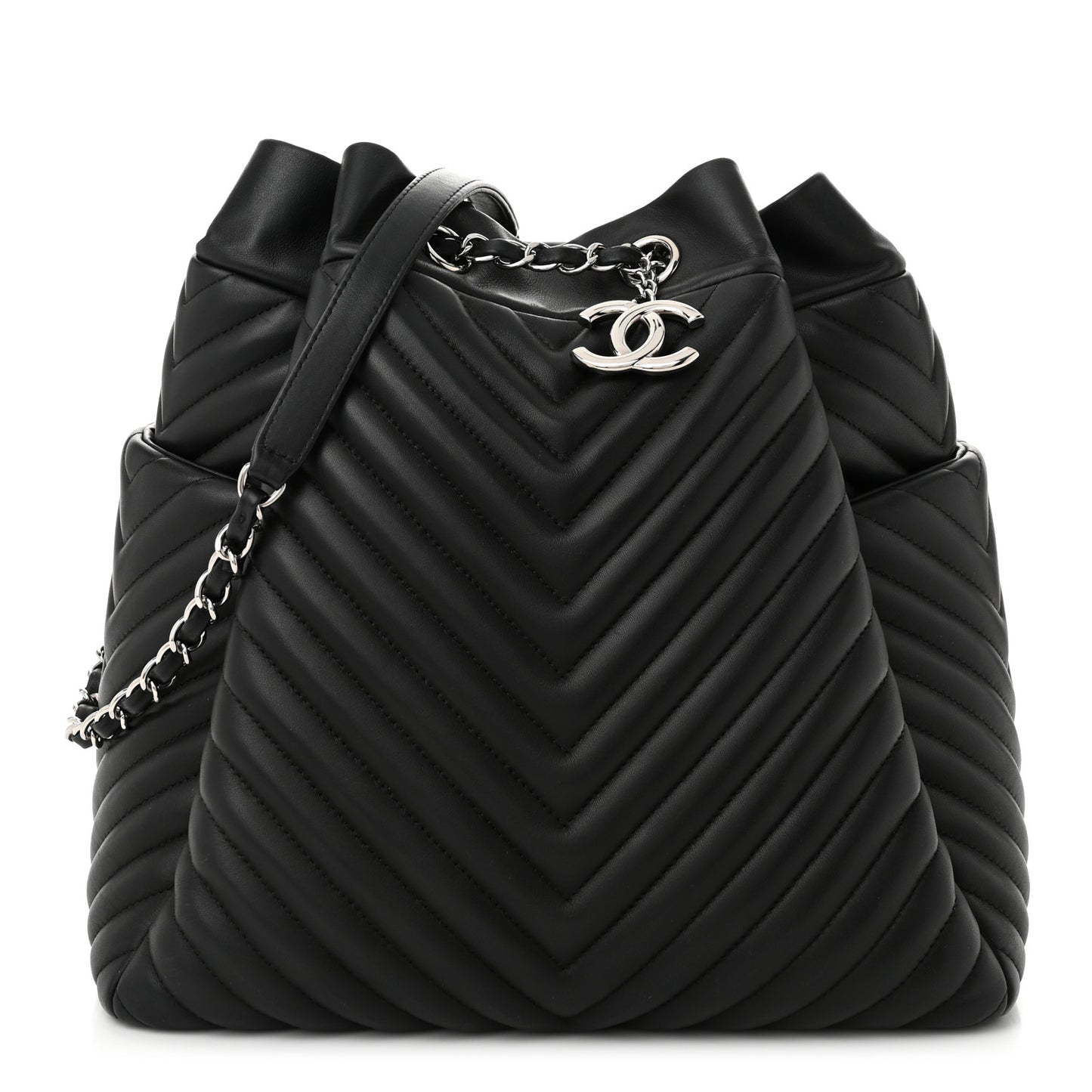 Calfskin Chevron Large Urban Spirit Drawstring Bag Black