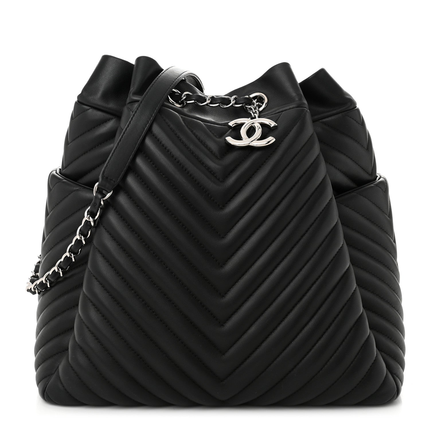 Chanel Calfskin Chevron Large Urban Spirit Drawstring Bag Black 1 of 10