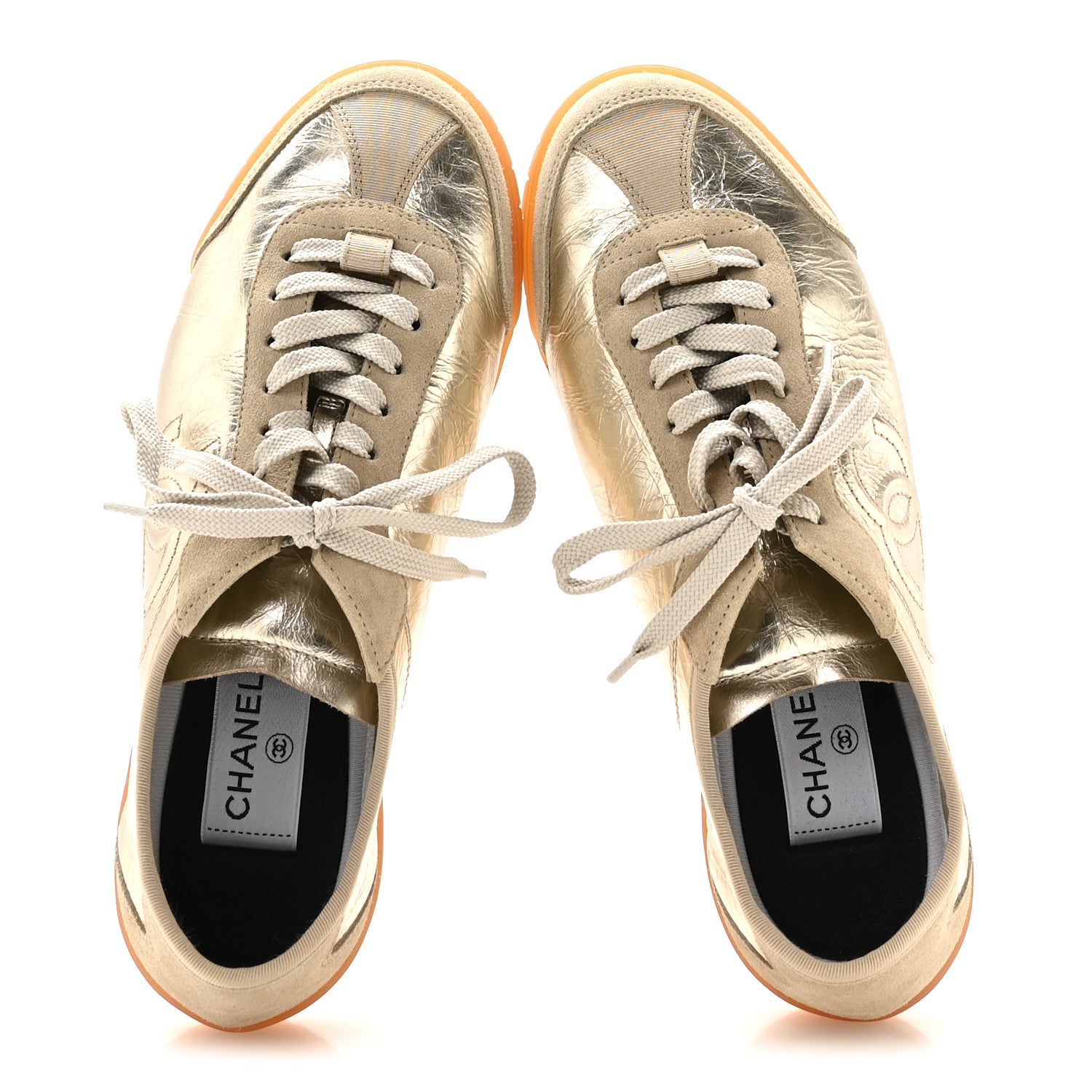 Chanel Laminated Calfskin Suede CC Sneakers 38 Gold 2 of 8