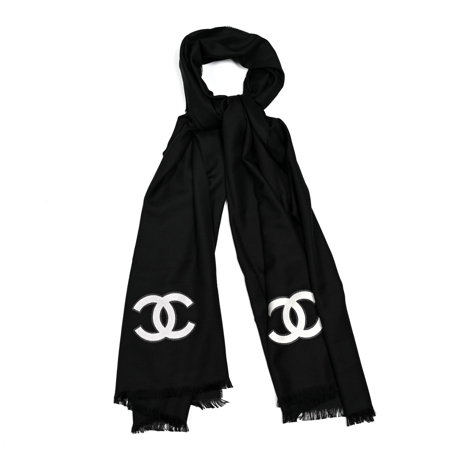Chanel Cashmere Silk CC Logo Stole Black White 1 of 3