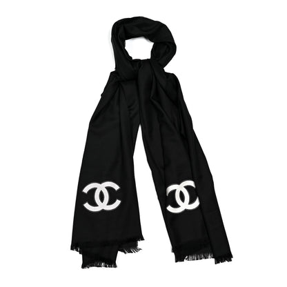 Chanel Cashmere Silk CC Logo Stole Black White 1 of 3