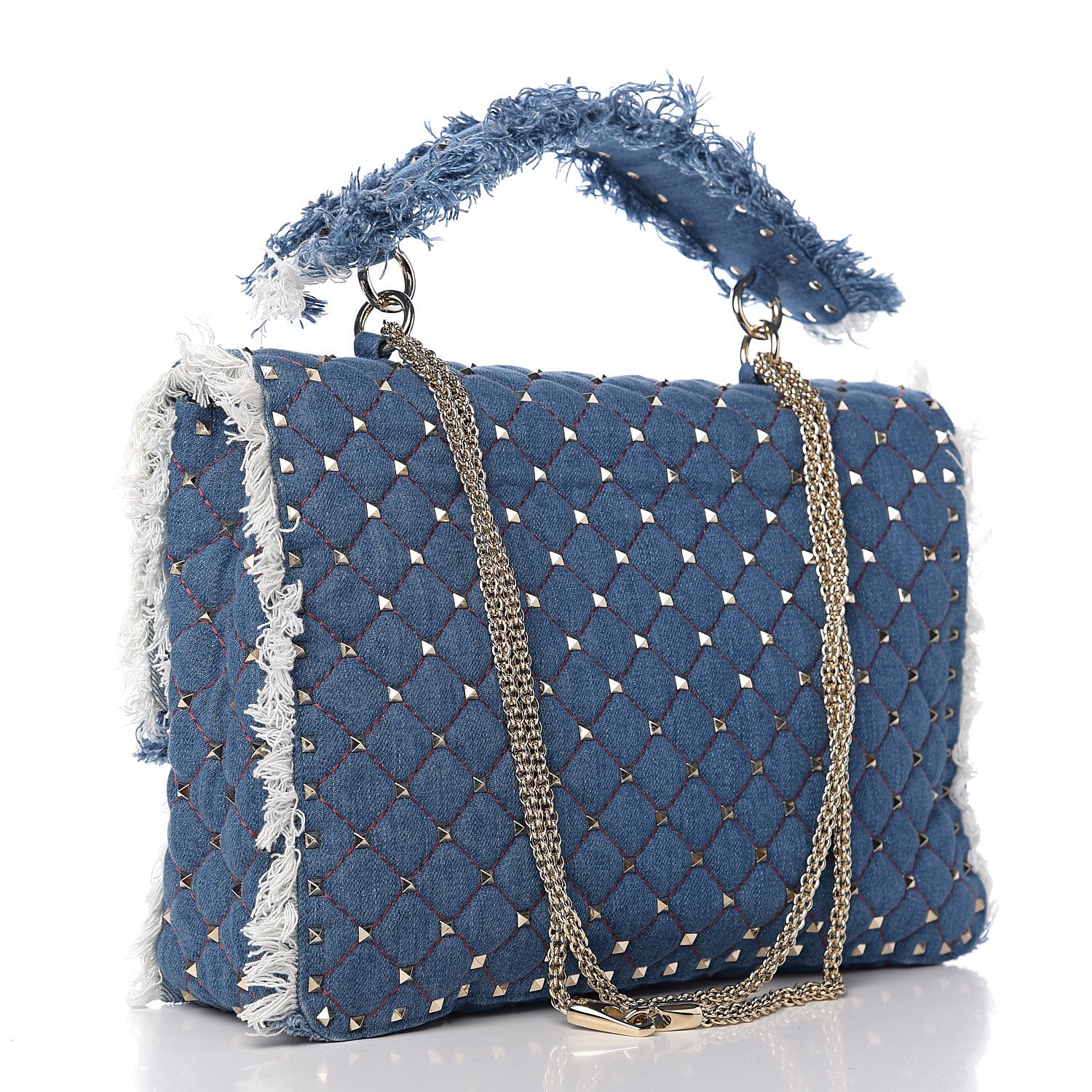 Valentino Garavani Denim Fringe Maxi Rockstud Spike Shoulder Bag Blue 2 of 8