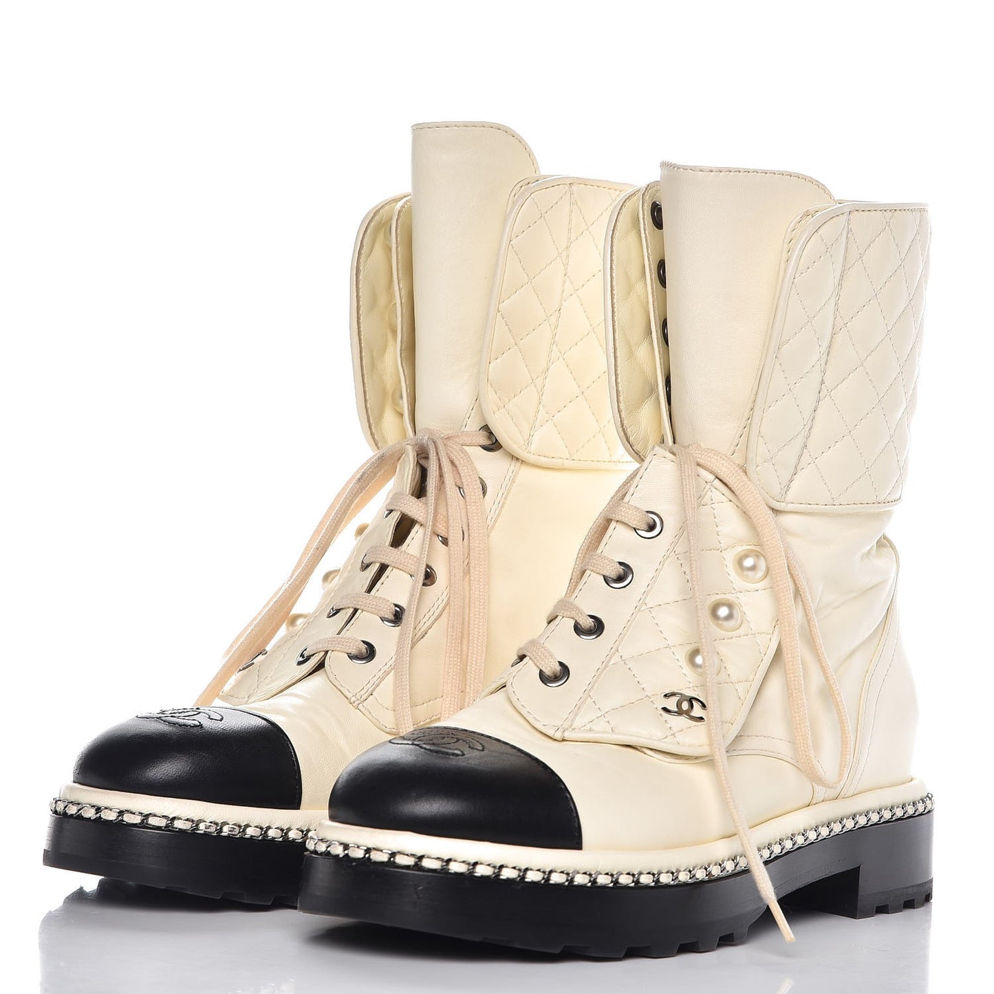 Lambskin Pearl Chain CC Combat Boots 37 Ivory Black