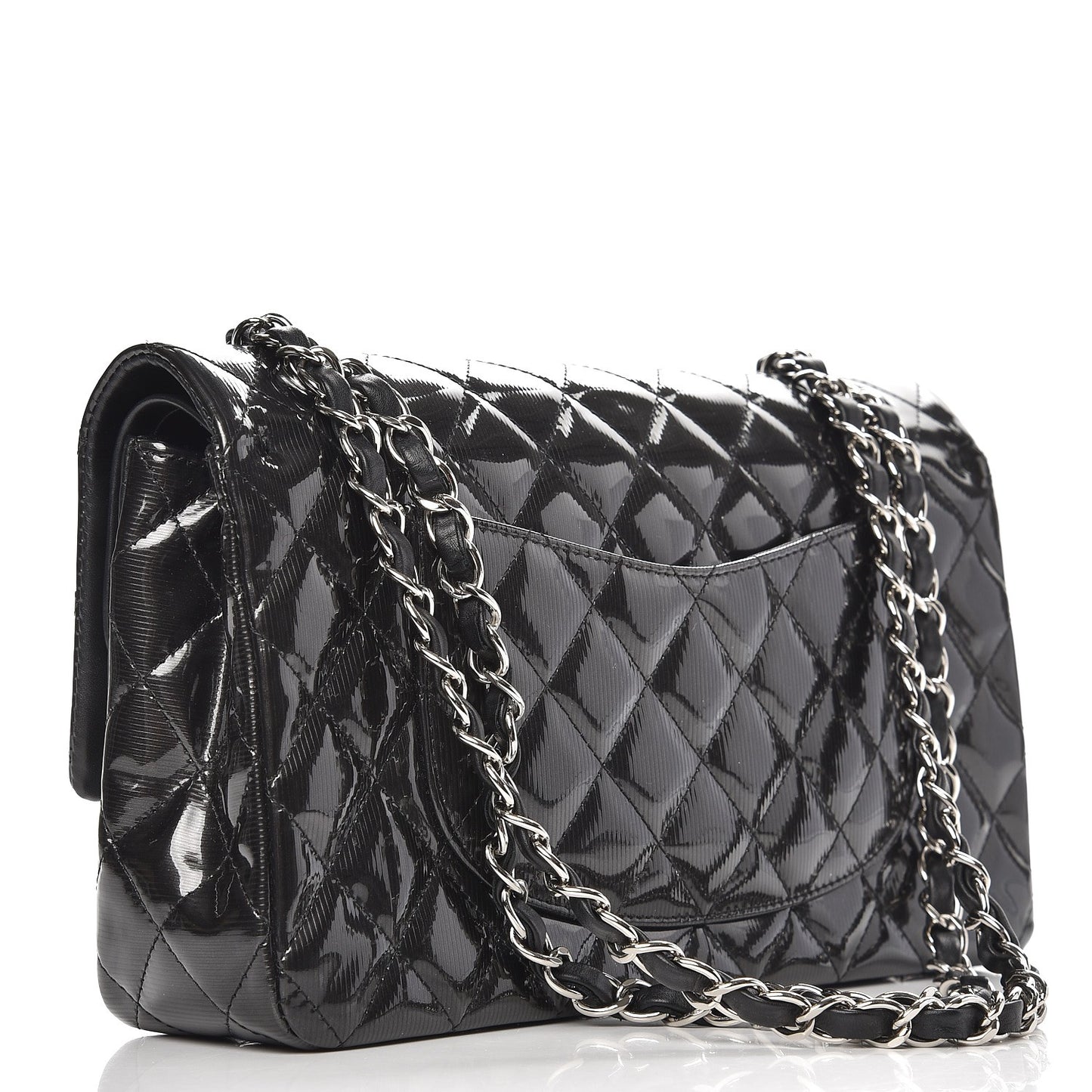 Striated Patent Quilted Medium Double Flap Black