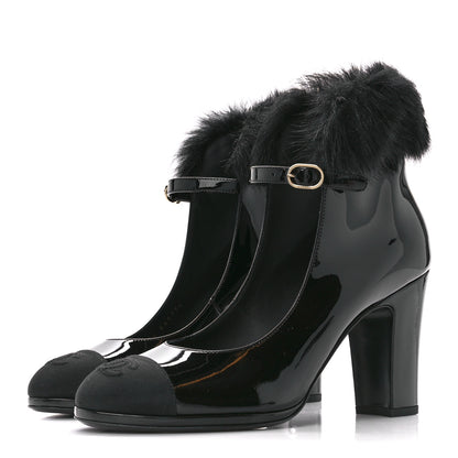 Chanel Patent Shearling Lambskin Cap Toe Mary Jane Pumps 39 Black 3 of 9