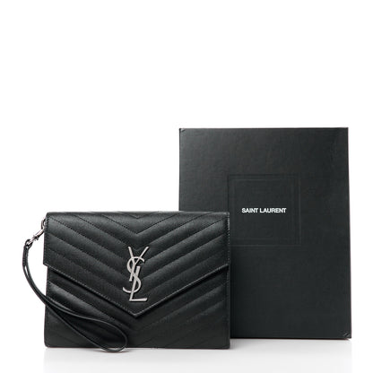 Saint Laurent Grain De Poudre Matelasse Chevron Monogram Envelope Clutch Black 12 of 12