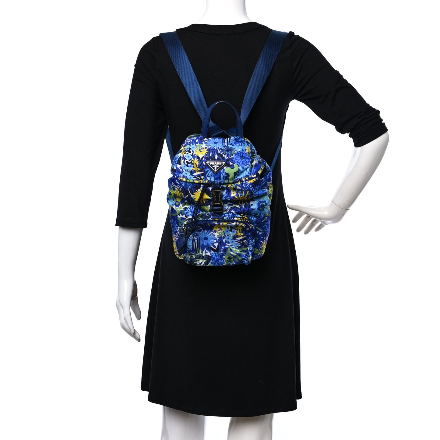 Nylon Saffiano Floral Print Single Buckle Backpack Bluette Dis Primule