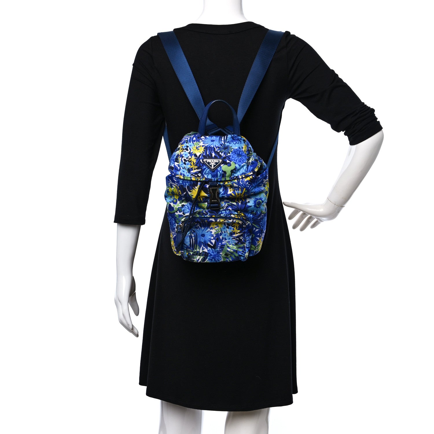 Prada Nylon Saffiano Floral Print Single Buckle Backpack Bluette Dis Primule 2 of 9