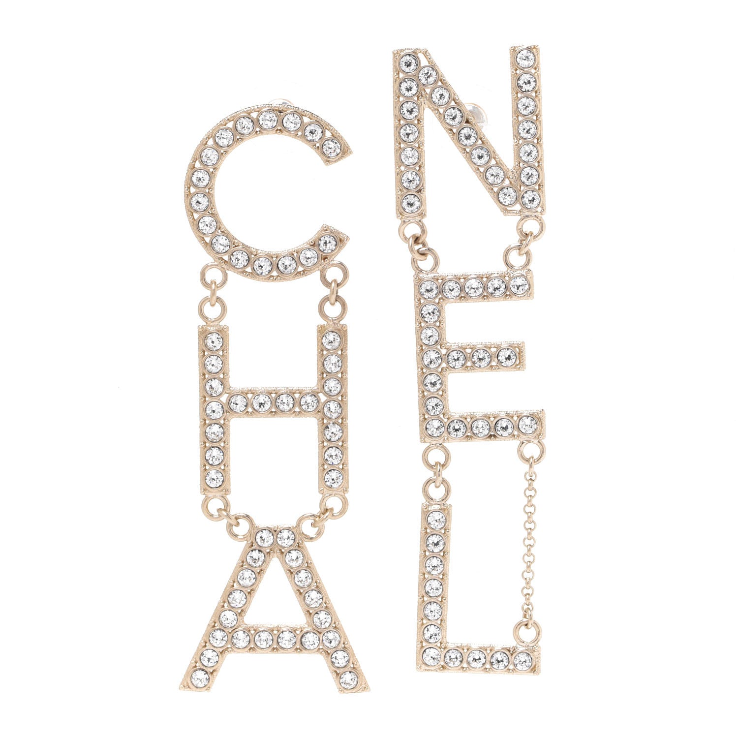 Chanel Crystal Cha-Nel Logo Drop Earrings Gold 1 of 5