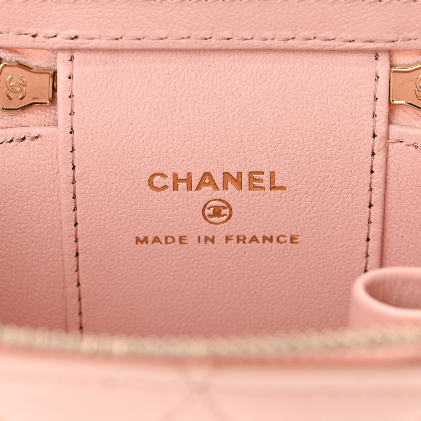 Lambskin Quilted Mini Top Handle Vanity Case With Chain Light Pink