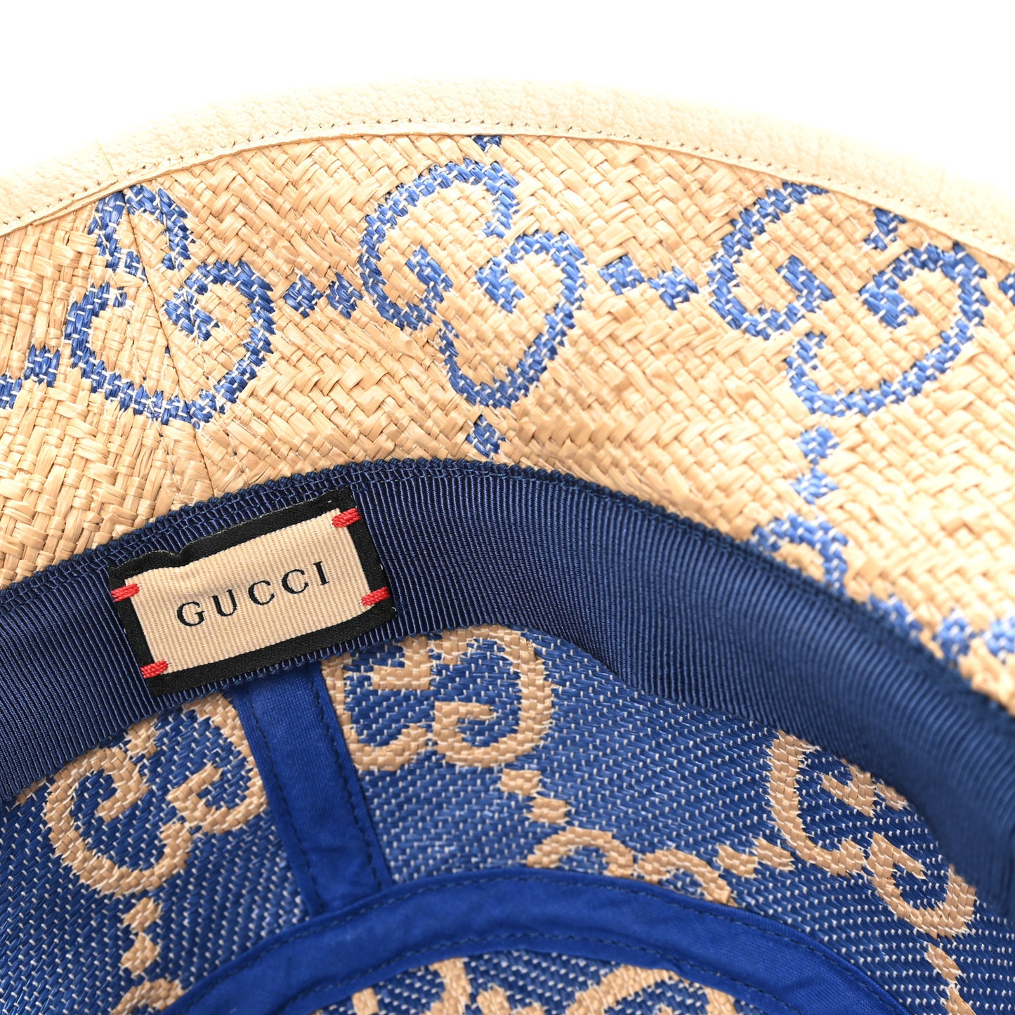 Raffia GG Monogram Embroidered Fedora Hat M Beige Blue