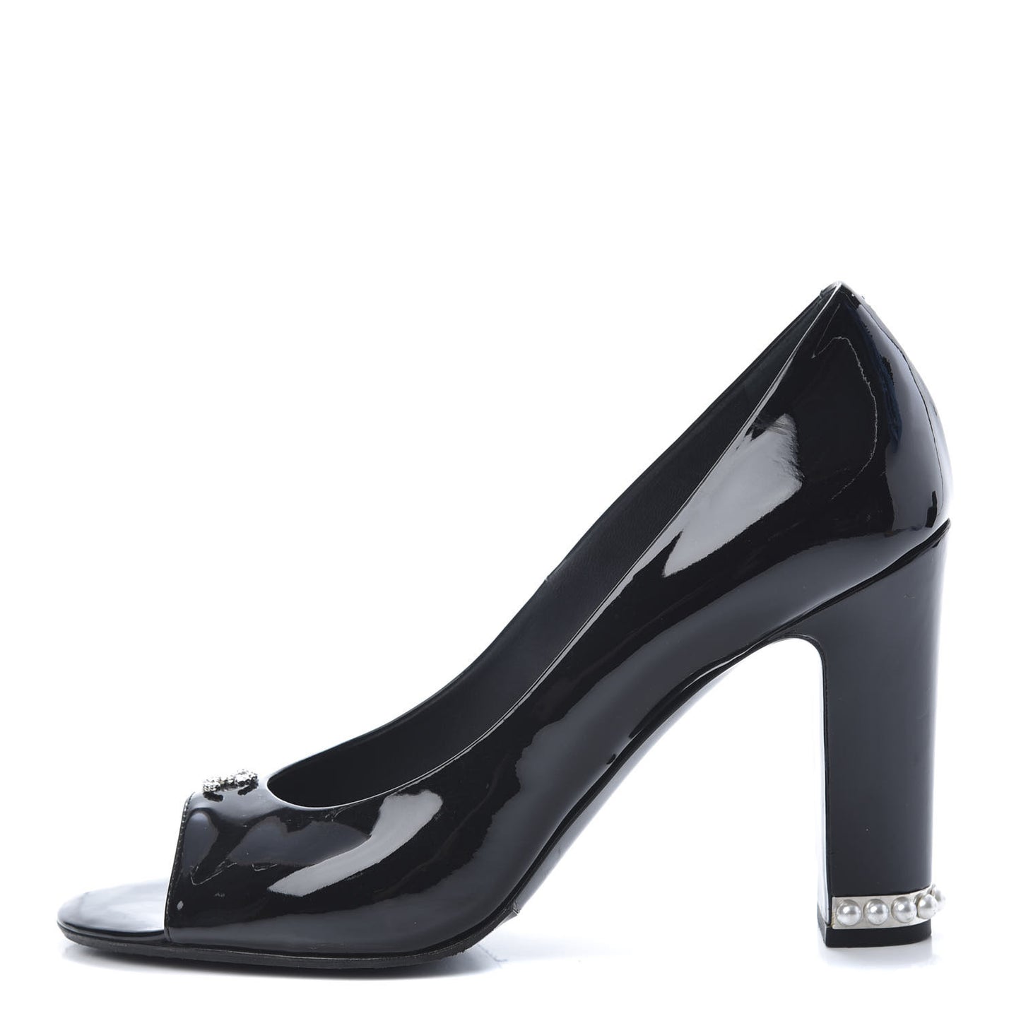 Patent Calfskin Pearl CC Open Toe Pumps 39 Black