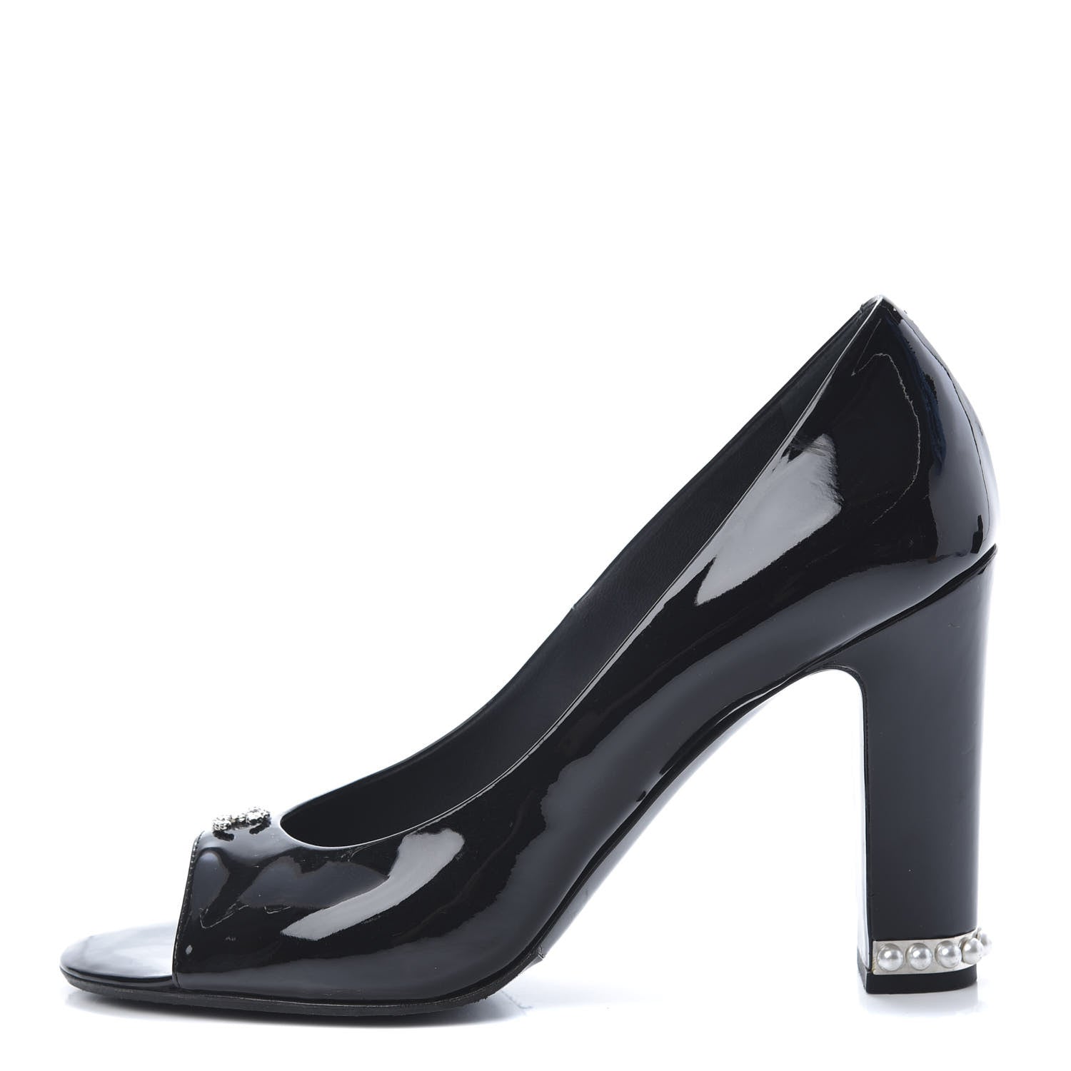 Chanel Patent Calfskin Pearl CC Open Toe Pumps 39 Black 1 of 9
