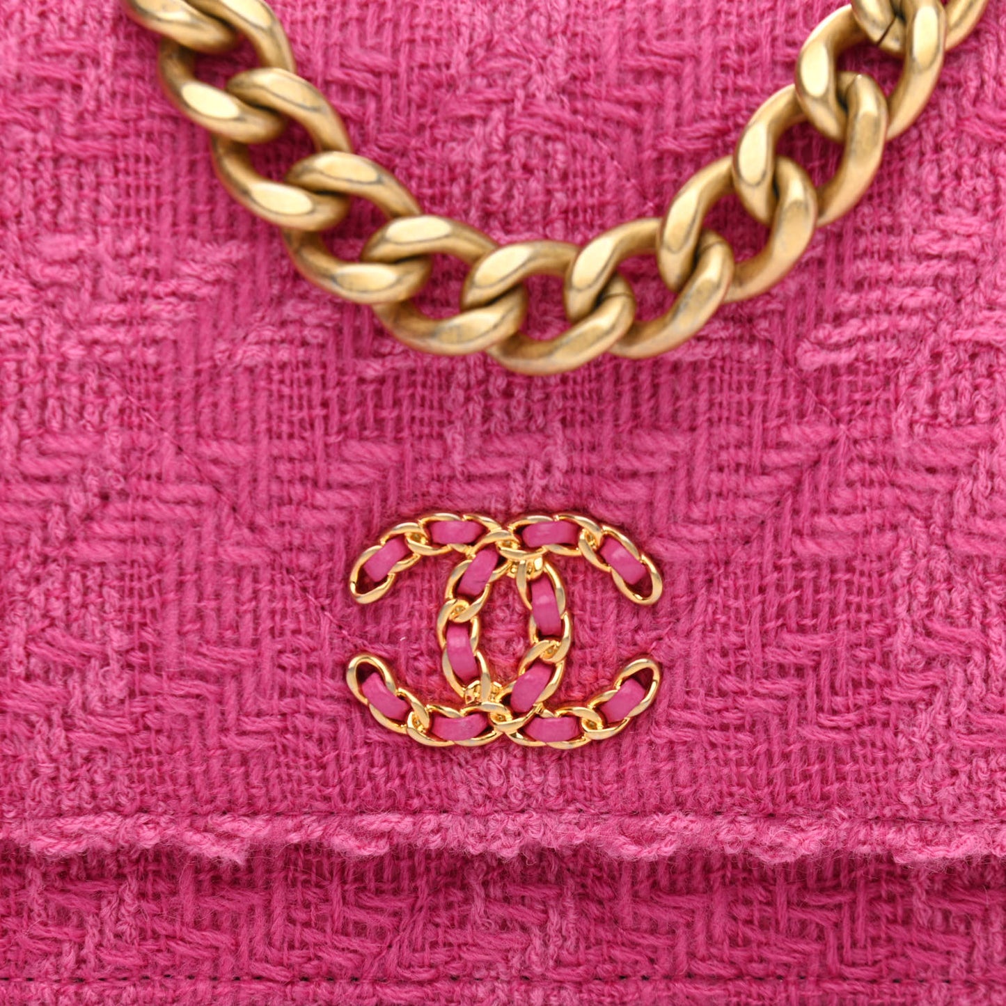 Wool Tweed Lambskin Quilted Chanel 19 Wallet On Chain WOC and Coin Purse Fuchsia