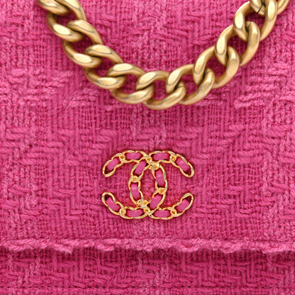 Chanel Wool Tweed Lambskin Quilted Chanel 19 Wallet On Chain WOC and Coin Purse Fuchsia 10 of 13