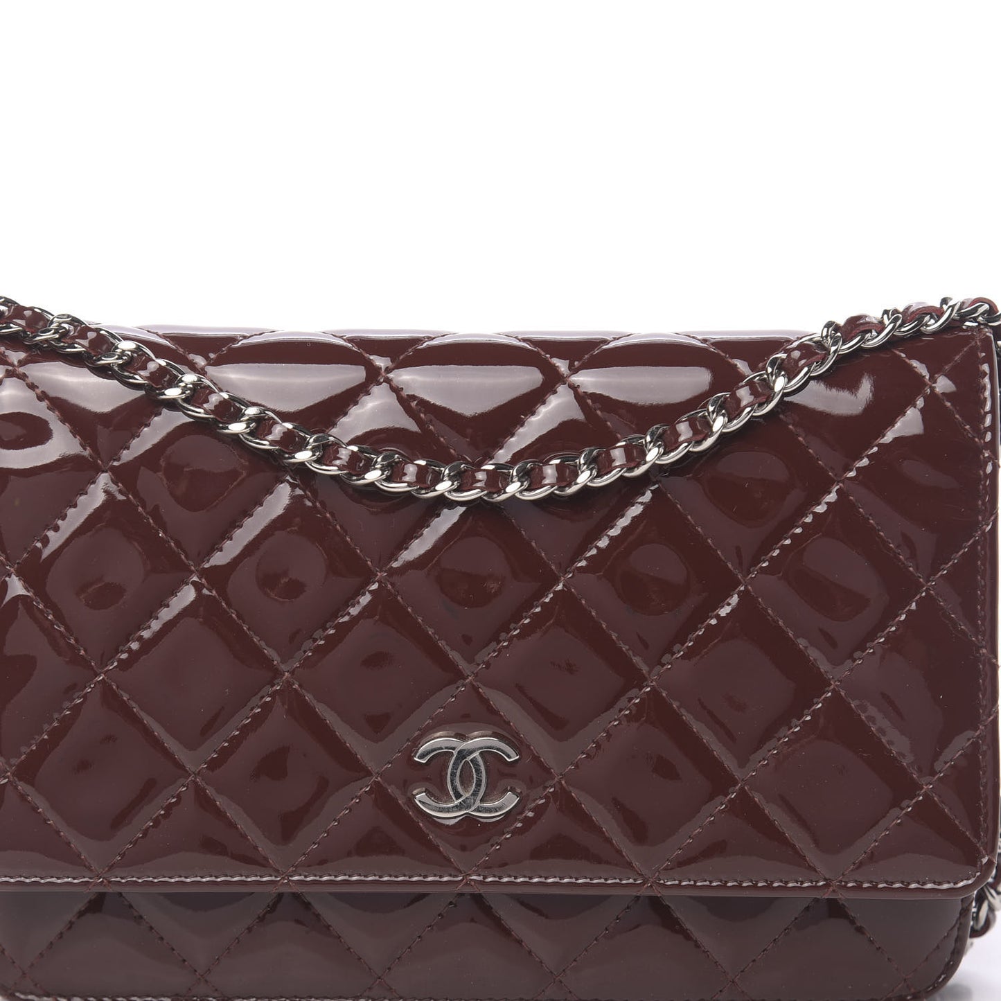 Patent Quilted Wallet On Chain WOC Dark Red