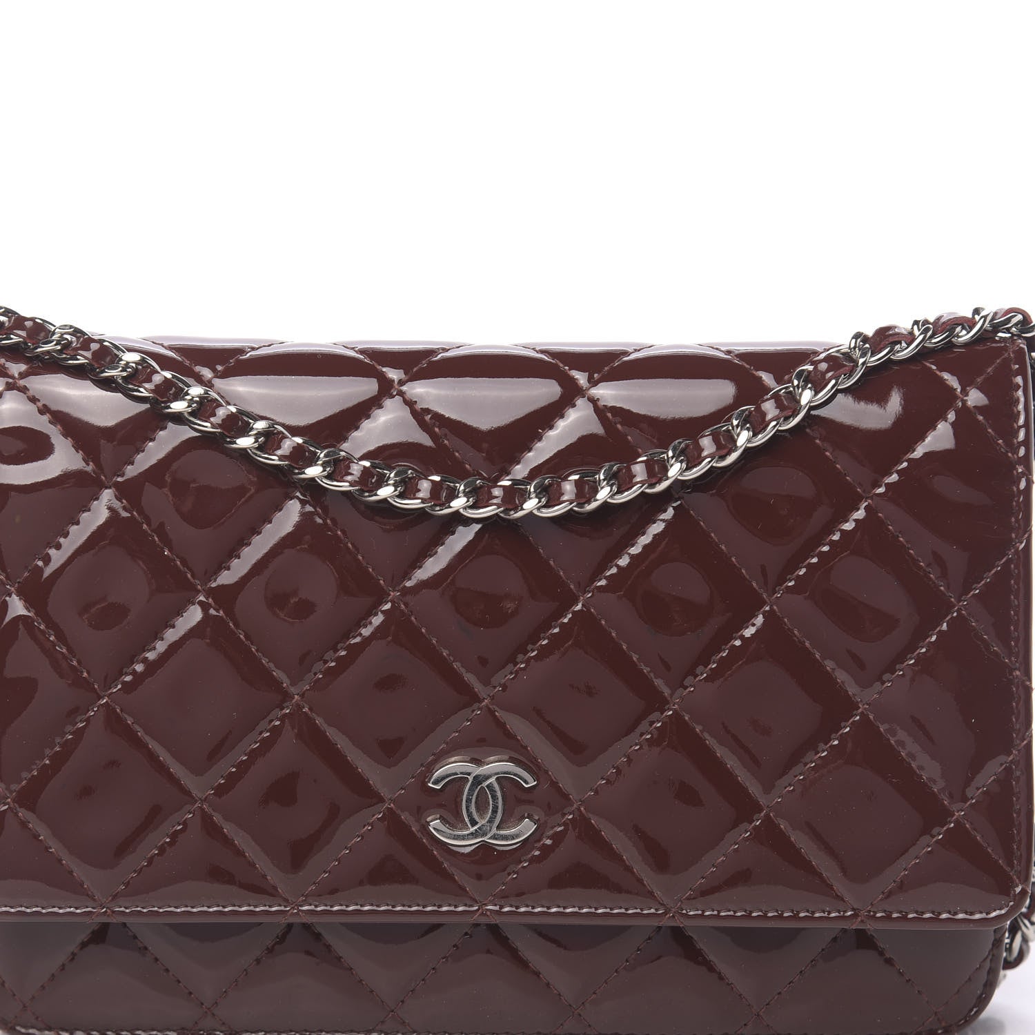 Chanel Patent Quilted Wallet On Chain WOC Dark Red 10 of 13