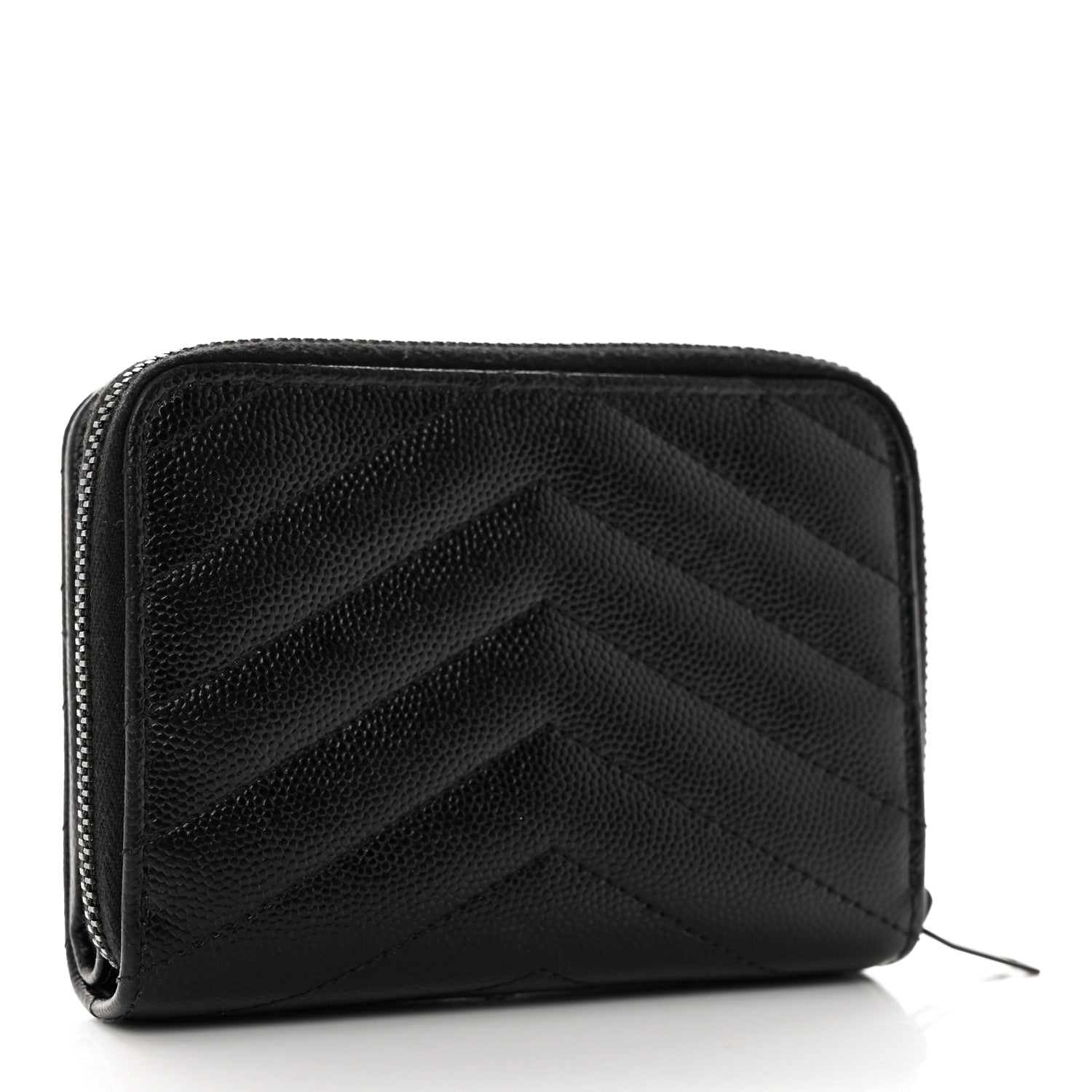 Saint Laurent Grain De Poudre Matelasse Chevron Monogram Monochrome Compact Zip Around Wallet Black 3 of 8
