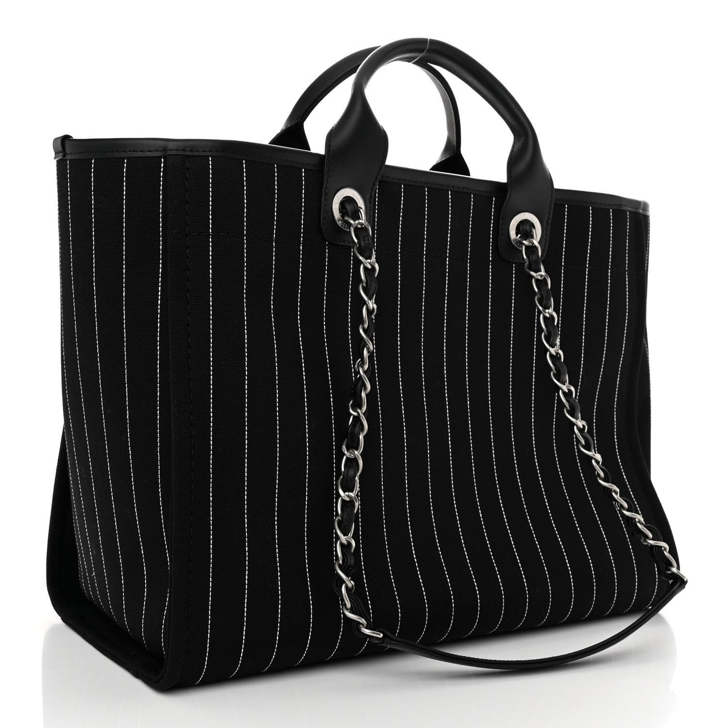 Canvas Calfskin Striped Medium Deauville Tote Black White