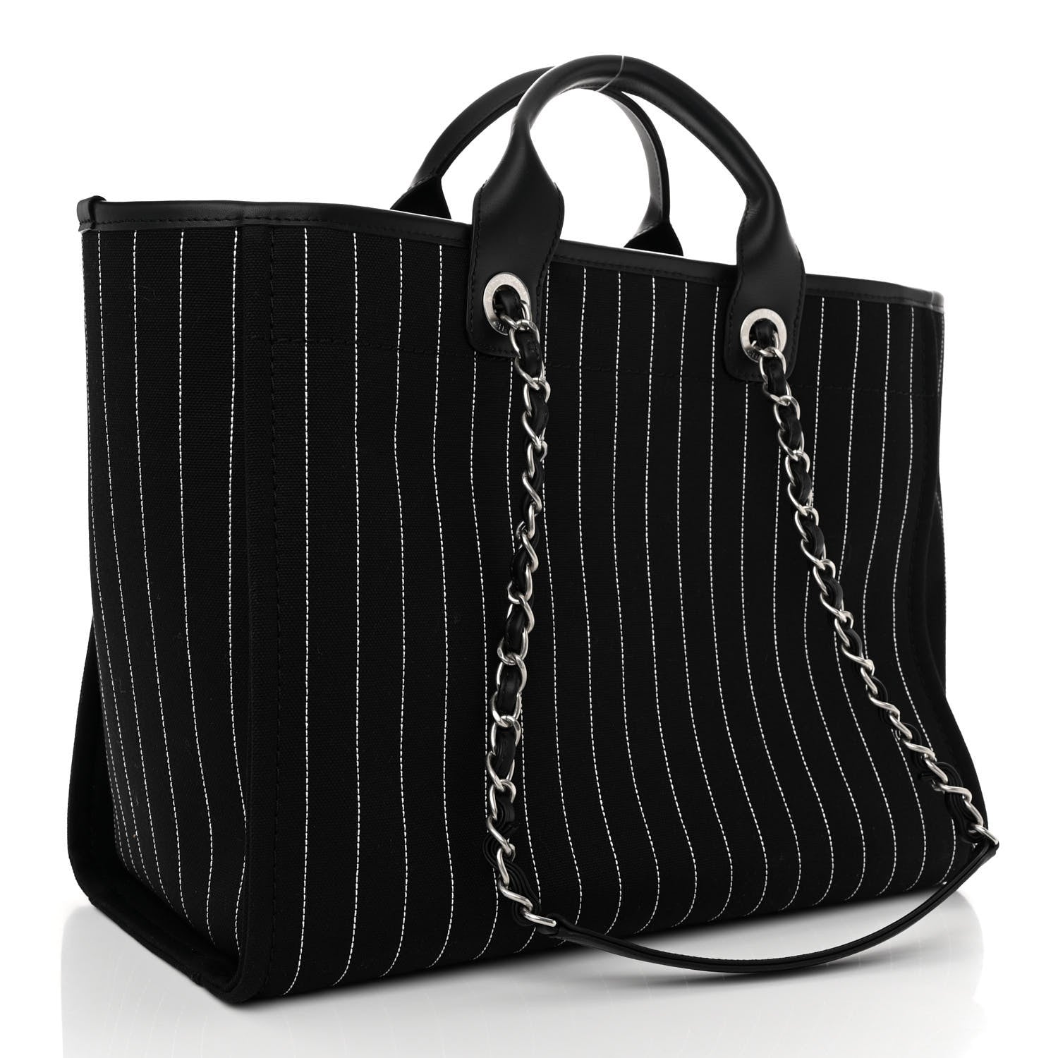 Chanel Canvas Calfskin Striped Medium Deauville Tote Black White 4 of 12