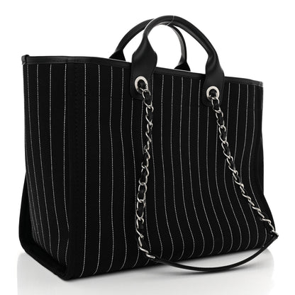 Chanel Canvas Calfskin Striped Medium Deauville Tote Black White 4 of 12