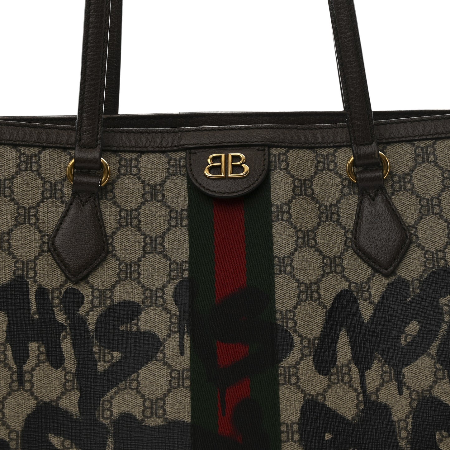 X BALENCIAGA BB Supreme Monogram Web Graffiti Medium Ophidia Shopping Tote Beige New Acero