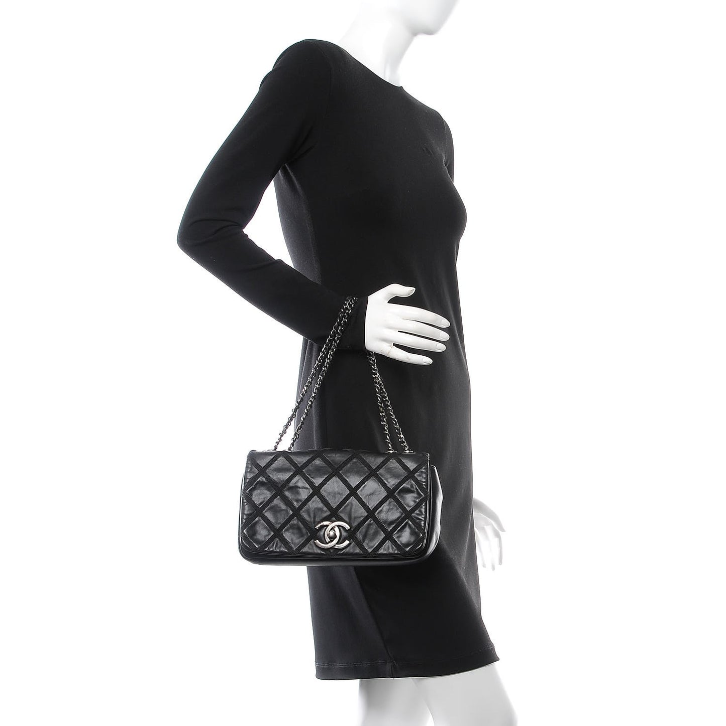 Calfskin Diamond Embroidered Medium Flap Black