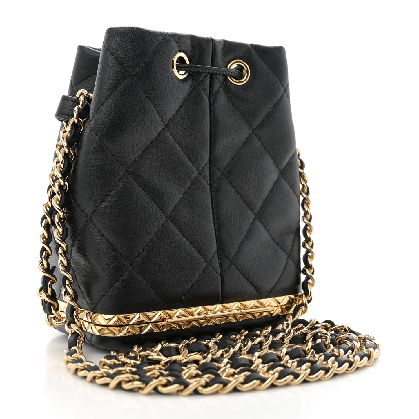 Metal Lambskin Quilted Small Chain Bucket Bag Black