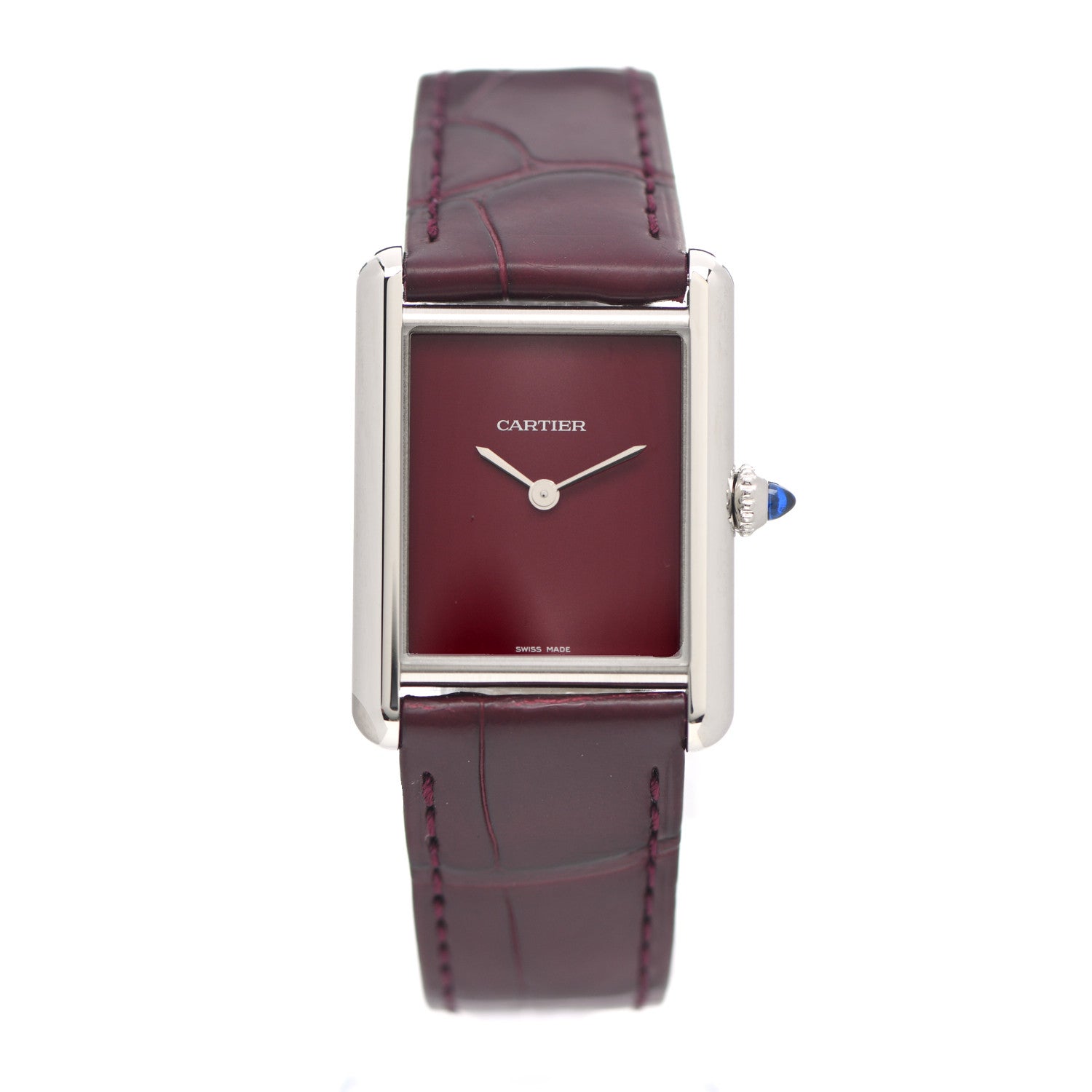 Cartier Stainless Steel Alligator 25mm Tank Must De Cartier Watch Burgundy 1 of 5