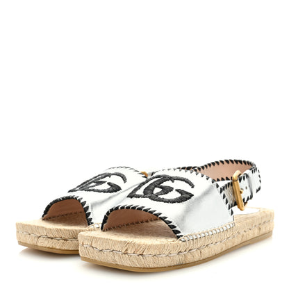 Gucci Metallic Nappa Embroidered Double G Espadrille Slingback Sandals 40 Silver 2 of 7