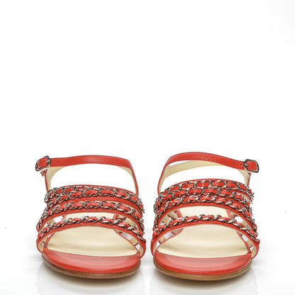 Chanel Calfskin Chain Flat Sandals 35 Red 2 of 8