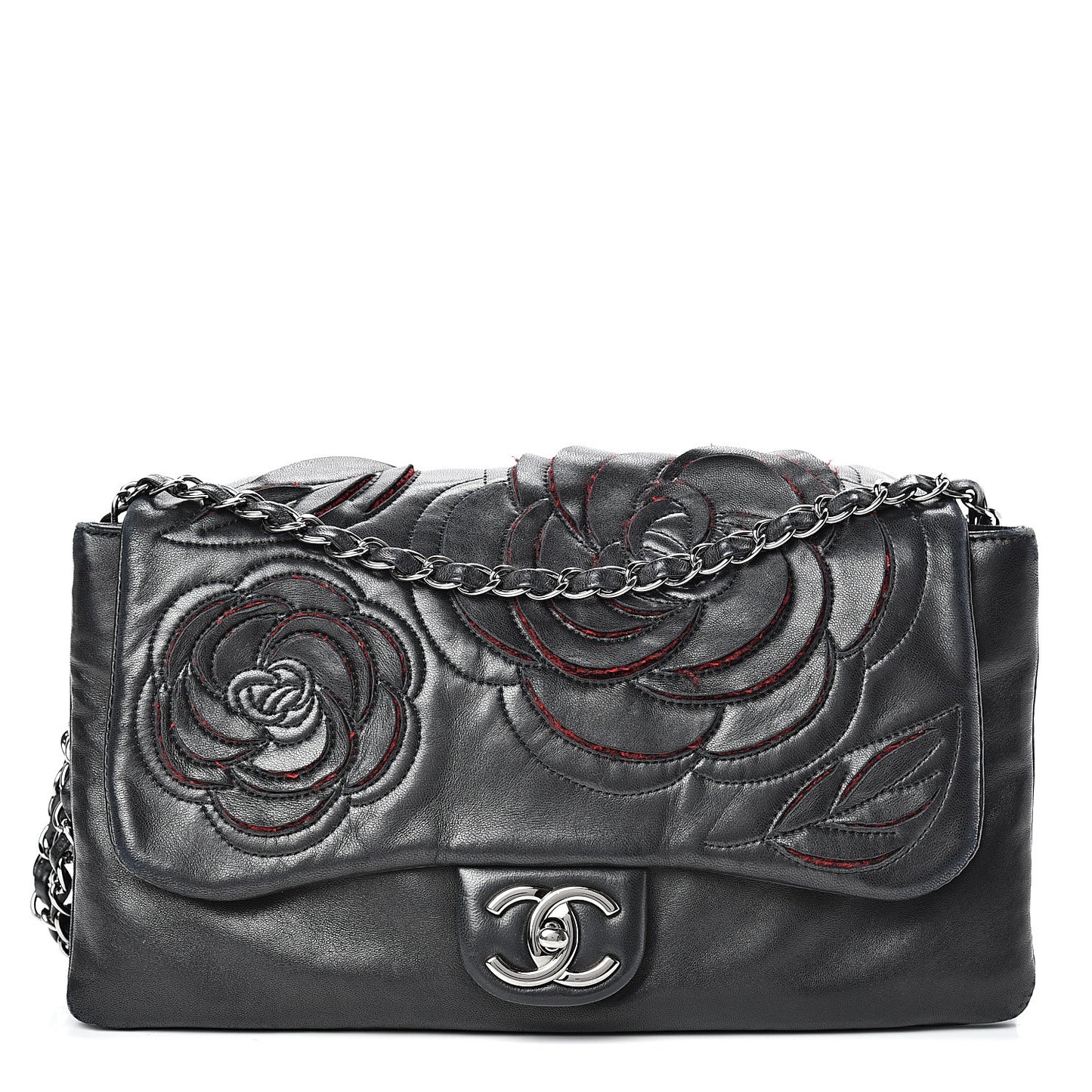 Lambskin Tweed Large Camellia Petals Flap Black
