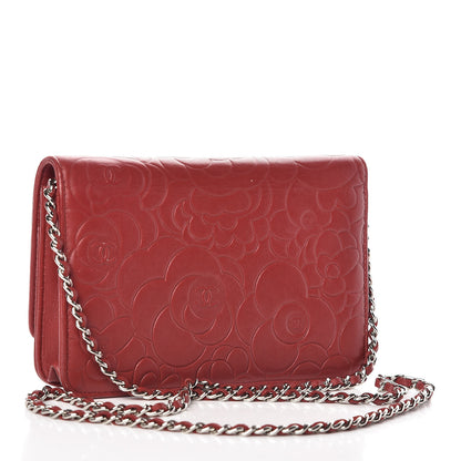 Chanel Lambskin Camellia Embossed Wallet On Chain WOC Red 3 of 17