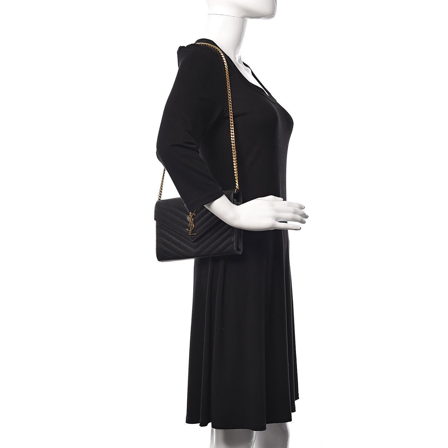Saint Laurent Grain De Poudre Matelasse Chevron Monogram Envelope Chain Wallet Black 2 of 10