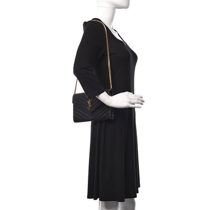 Saint Laurent Grain De Poudre Matelasse Chevron Monogram Envelope Chain Wallet Black 2 of 10