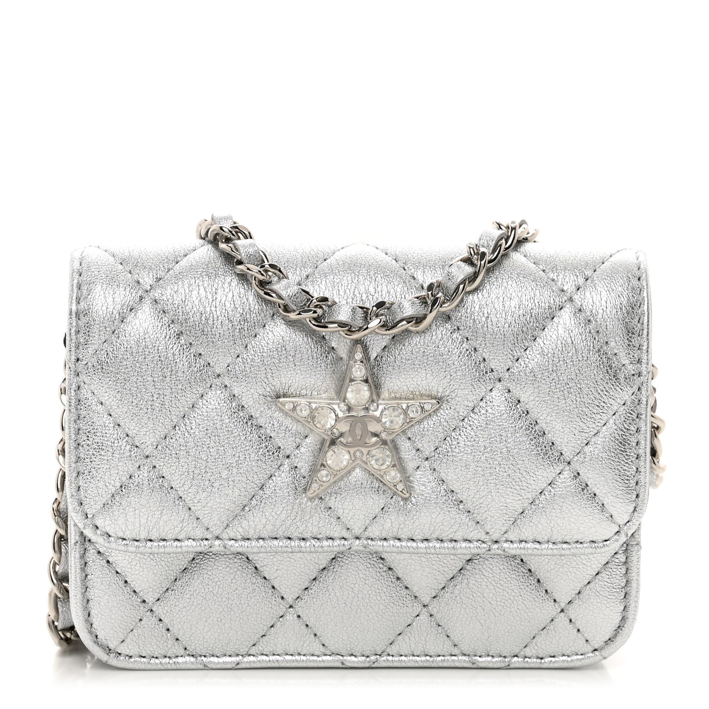 Metallic Goatskin Quilted Crystal CC Walk Of Fame Clutch With Chain Silver