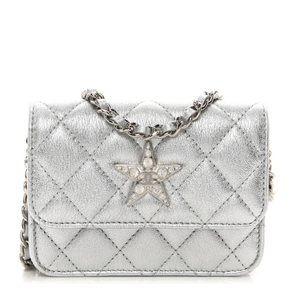 Chanel Metallic Goatskin Quilted Crystal CC Walk Of Fame Clutch With Chain Silver 1 of 12