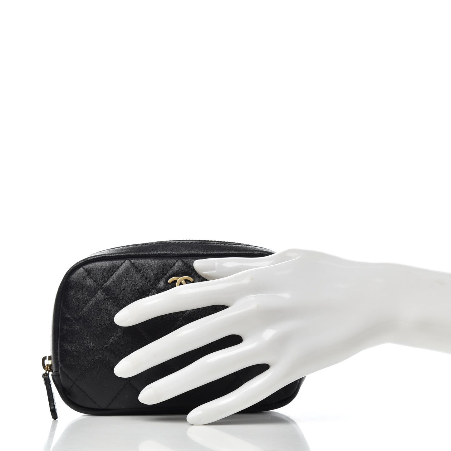 Lambskin Quilted Small Curvy Pouch Cosmetic Case Black