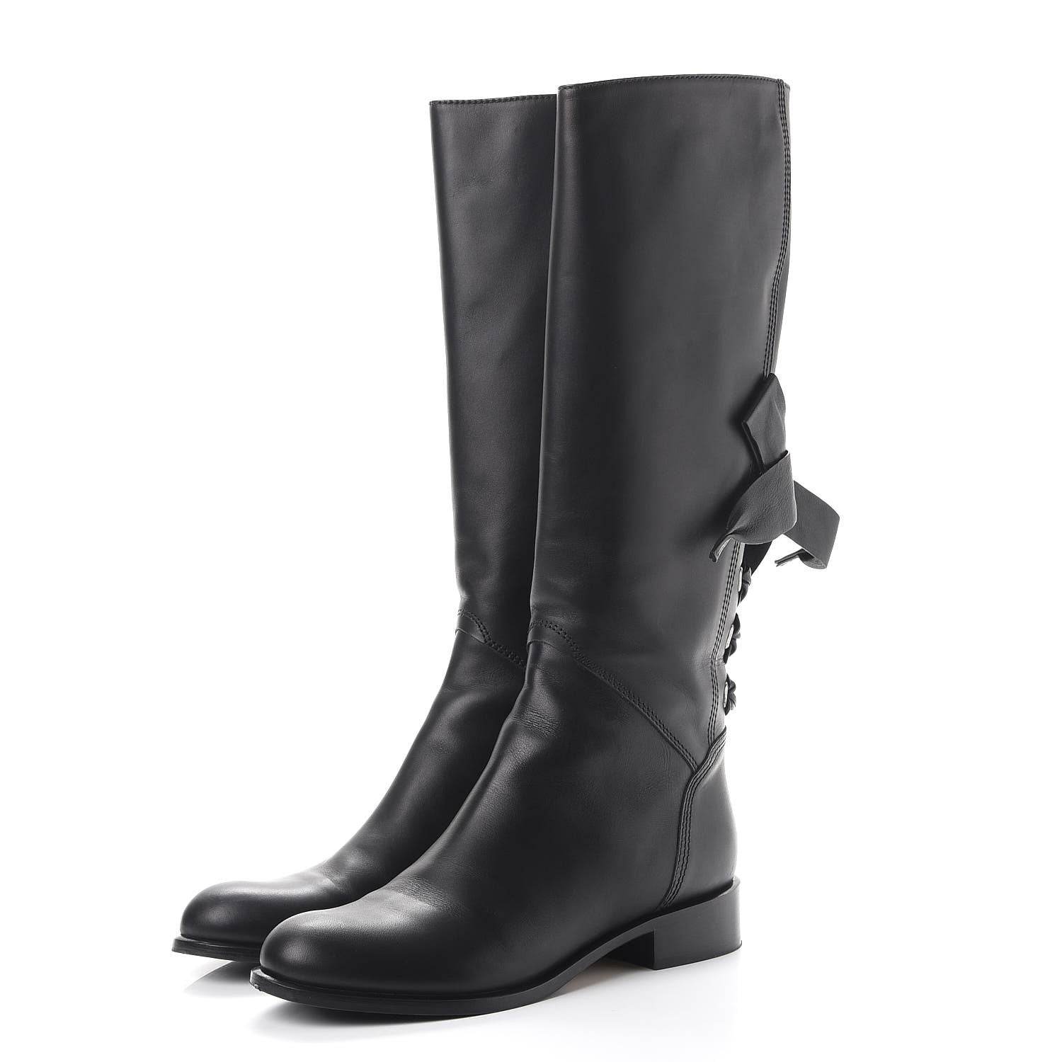 Valentino Garavani Calfskin Bow Lace Up Back Knee High Tall Boots 38.5 Black 3 of 24