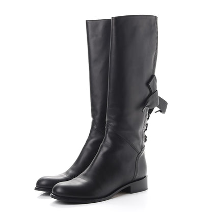 Valentino Garavani Calfskin Bow Lace Up Back Knee High Tall Boots 38.5 Black 3 of 24