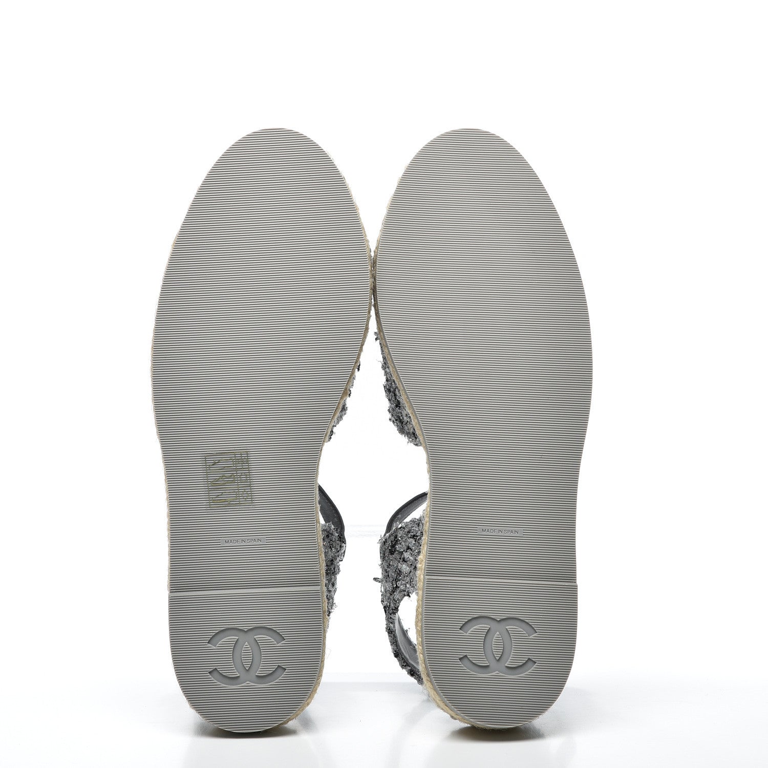 Chanel Sequin Tweed Glazed Calfskin Patent Cap Toe CC Espadrille Sandals 37 Black Grey 6 of 10