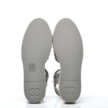 Chanel Sequin Tweed Glazed Calfskin Patent Cap Toe CC Espadrille Sandals 37 Black Grey 6 of 10